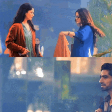a man and a woman are standing next to each other in a blue room
