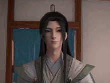 a man with long black hair is wearing a green and white outfit