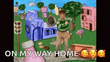 a cartoon of a man standing in front of a purple building with the words `` on my way home '' written on it .