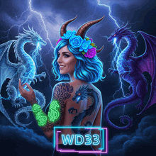 a woman with blue hair is surrounded by three dragons and a neon sign that says wd33