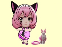a girl with pink hair and black cat ears giving a thumbs up