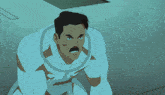 a man with a mustache is wearing a white suit