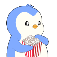 a blue and white penguin is holding a striped container of popcorn