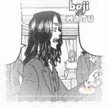a black and white drawing of a man with a heart in his hair and the words baji de mato written on the bottom