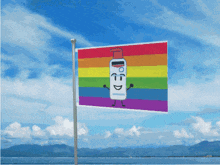 a rainbow flag with a picture of a bottle of lotion on it