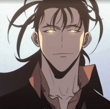 a close up of a man 's face with long hair and glowing eyes