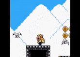 a video game screen shows a cartoon character flying over a mountain