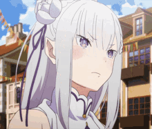 a girl with white hair and purple eyes stands in front of buildings