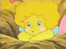 a cartoon character with a yellow hair and blue eyes