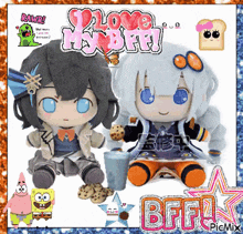two stuffed dolls sitting next to each other with the words " i love my bff " on the top