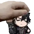 a hand is holding a cartoon character 's head with a gun .