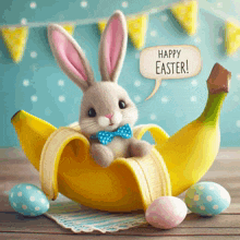 a bunny in a banana with a speech bubble saying happy easter
