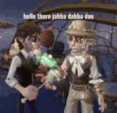 two cartoon characters are standing next to each other and one of them is holding a candy cane .