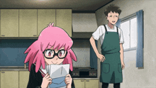 a girl with pink hair is holding a piece of paper