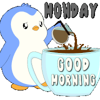 a penguin is pouring coffee into a cup that says good morning