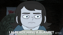 a cartoon character says " i already have a blanket " while holding a book
