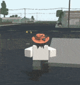 a cartoon character wearing an orange hat is walking down a street in front of a building that says ' johnson ' on it