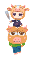 a pixel art drawing of a cow carrying another cow on its back