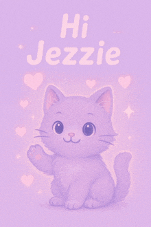 a purple cat with the words hi jezzie written above it