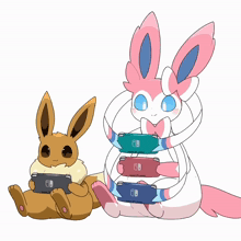 a brown eevee and a pink eevee are sitting next to each other holding a nintendo switch