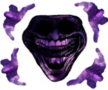 a purple troll face is surrounded by purple hands on a white background .