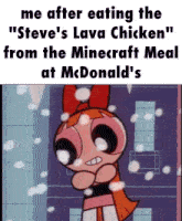 a cartoon of a girl with a red bow says me after eating the " steve 's lava chicken "