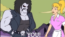 a cartoon of a man and a woman standing next to each other with the words " you " on the bottom