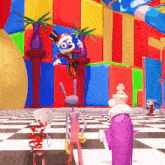 a cartoon character in a top hat stands in front of a checkerboard floor