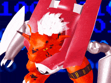 a red robot with a white feather on its head stands in front of a binary code
