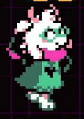a pixel art of a sheep with a pink scarf around its neck and a heart on its chest .