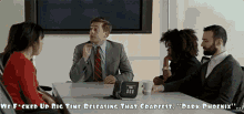 a group of people sitting around a table with the caption " we f * cked up big time releasing that craffest dark phoenix "