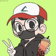 a drawing of a boy wearing a mask and holding a cup of bubble tea
