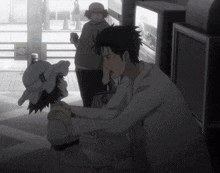 a man in a white lab coat is talking to a girl in a white hat