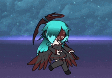 a drawing of a girl with blue hair and red face
