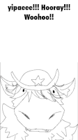 a black and white drawing of a cow with the words yipaeee !!! hooray !!! woohoo !!! below