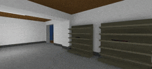 a computer generated image of a room with shelves and a doorway