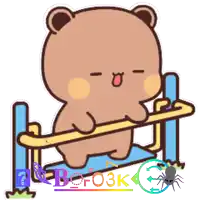 a sticker of a teddy bear holding a bar with a spider in the background and the letters abc on it