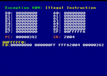 a computer screen displays a message that says exception $ 04 illegal instruction