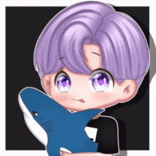 a boy with purple hair is holding a blue shark