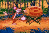 a cartoon of a monkey pouring liquid into a barrel that says barrel of monkeys