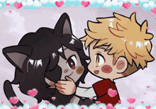 a boy and a girl are hugging each other with hearts surrounding them