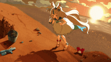 a cartoon drawing of a girl standing on a beach with a bucket and a gun