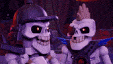 two skeletons are standing next to each other and one has a helmet on