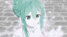 a girl with green hair is wearing a white dress and tiara .