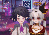 a couple of anime characters are standing next to each other in a room with a sign that says move on it