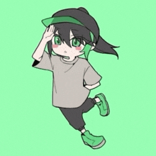 a drawing of a girl with green hair wearing a hat