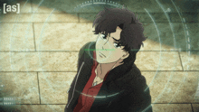 a man in a black jacket is surrounded by a circle that says [ as ] on the bottom
