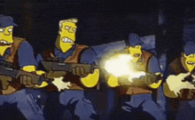 a group of cartoon characters holding guns in a dark room