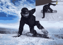 a person wearing a helmet and goggles is riding a snowboard down a snow covered slope .