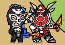 a cartoon drawing of a man wearing a mask and a robot holding a sword